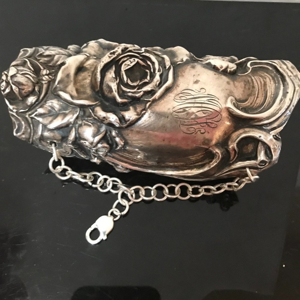 Rose Sterling Silver 925 Bracer Wide Cuff Bracelet Victorian Gladiator Floral - Picture 7 of 11